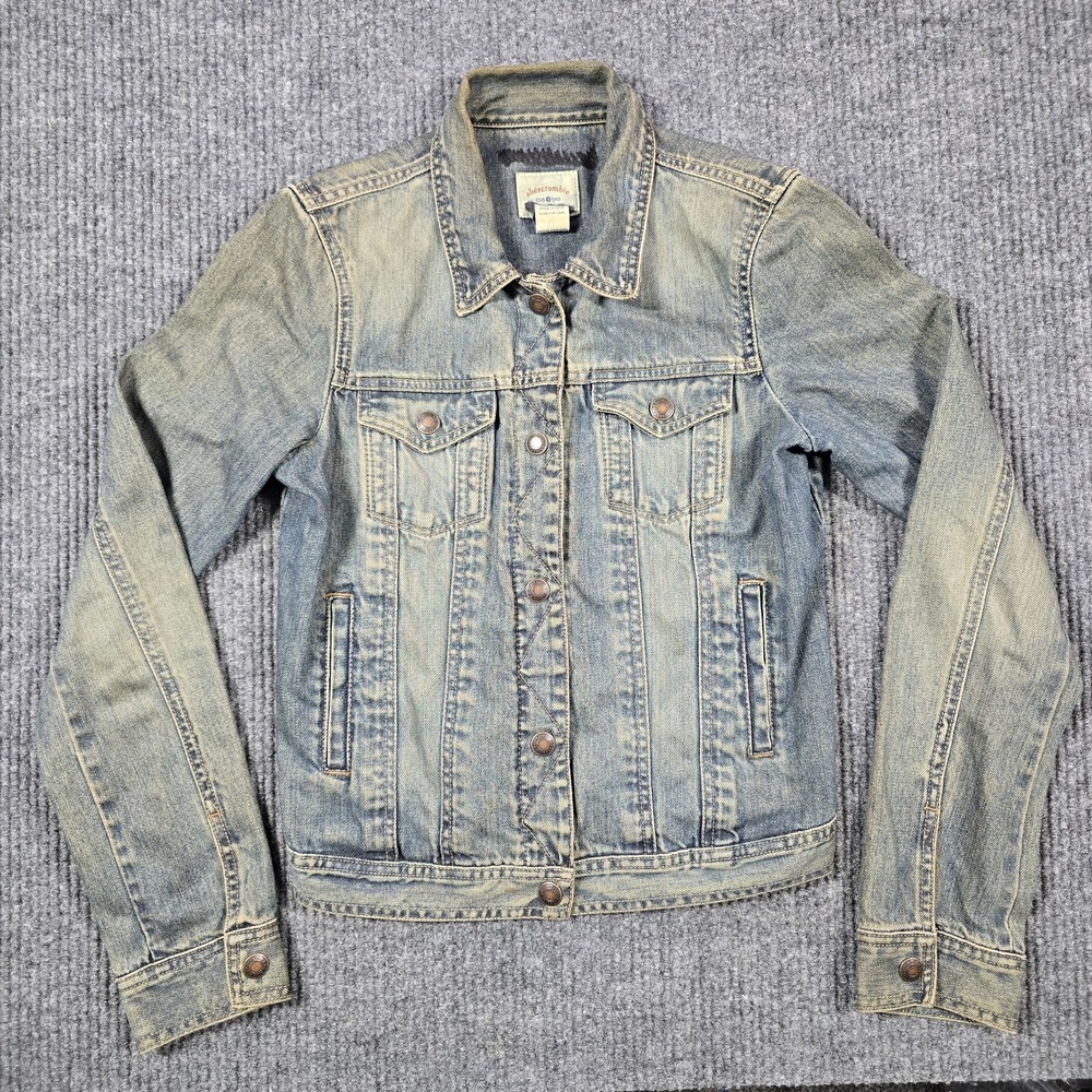 Abercrombie Jacket Girls Large Blue Denim Trucker Jean Coat Washed Fade Vintage - Picture 1 of 11
